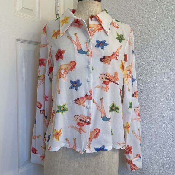 Y2k vintage Bebe pinup guitar print button down shirt - Picture 1 of 15